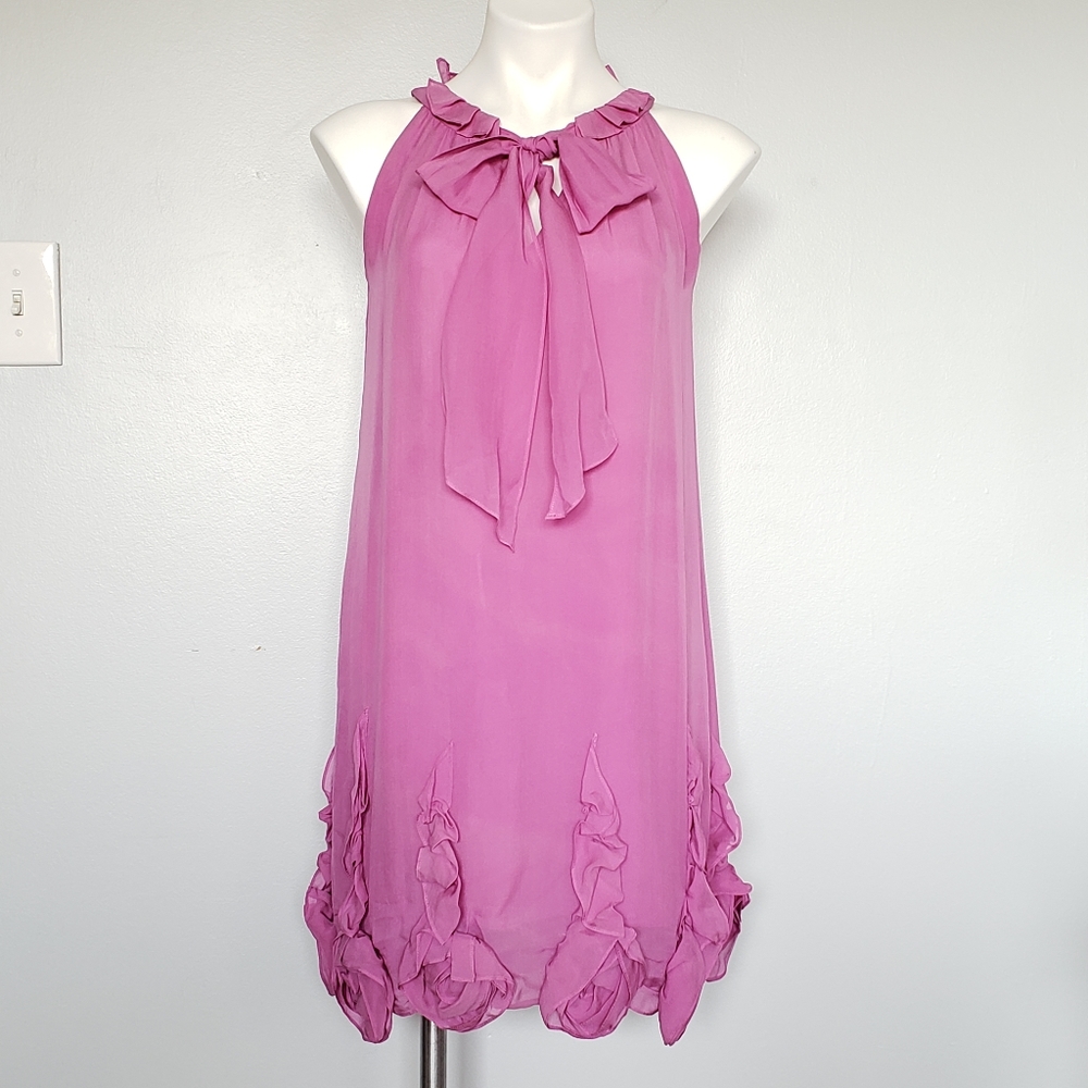 Rebecca Taylor Orchid Pink Tie Ruffle Neck Silk Rosette Hem Sleeveless Dress 6